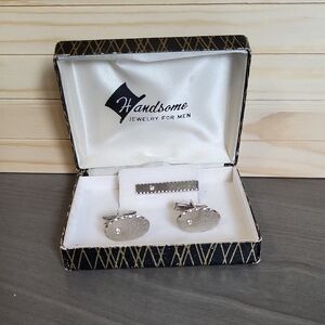 Vintage Art Deco Silver Tie Clip Cuff Links Set